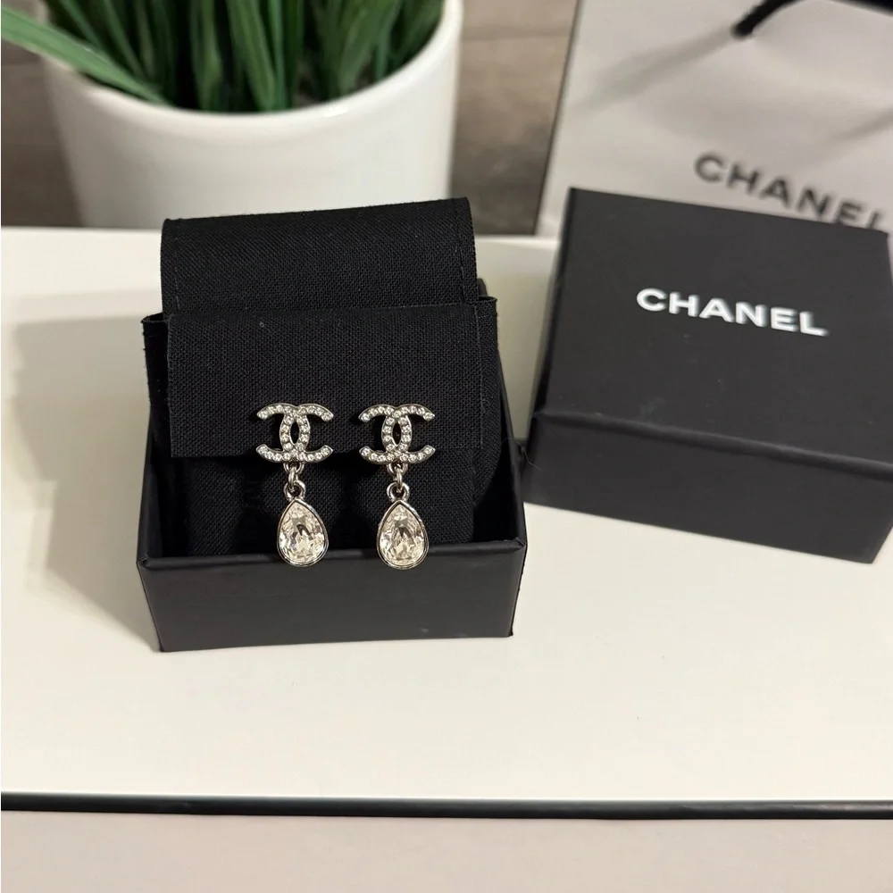 CHANEL Silver Crystal CC Teardrop Dangle Clip On Earrings